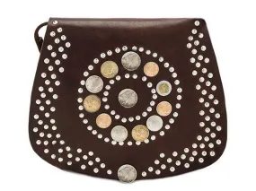 Coins Adorned Leather Bag - Stellar - Brown