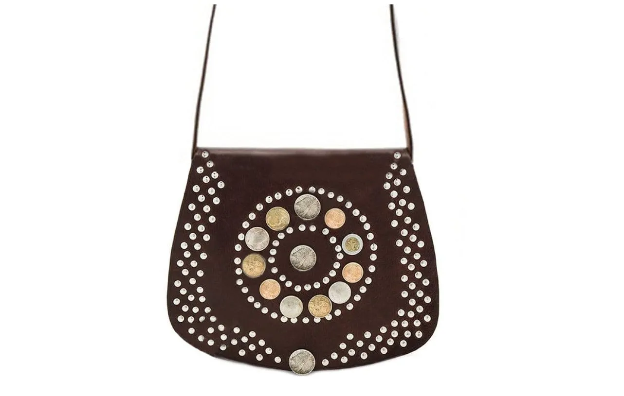 Coins Adorned Leather Bag - Stellar - Brown