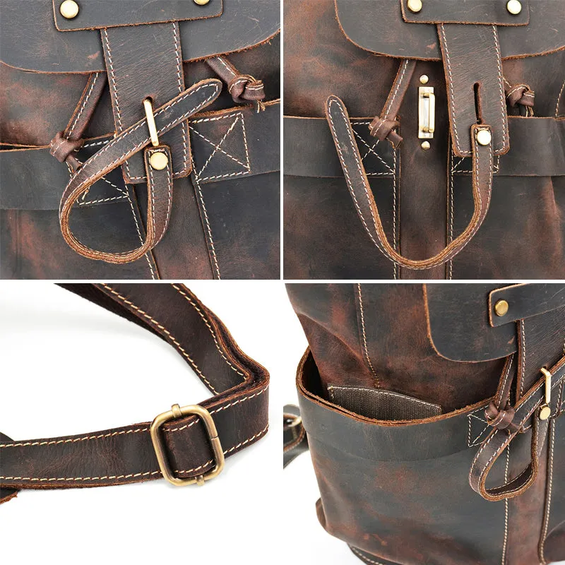 Crazy Horse Leather Travel Backpack Retro Style Full Grain Leather Laptop Backpack For Men
