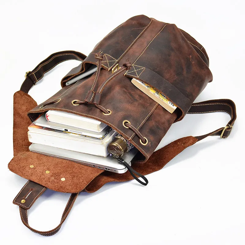 Crazy Horse Leather Travel Backpack Retro Style Full Grain Leather Laptop Backpack For Men