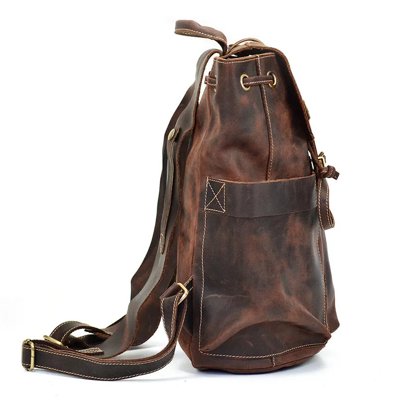 Crazy Horse Leather Travel Backpack Retro Style Full Grain Leather Laptop Backpack For Men