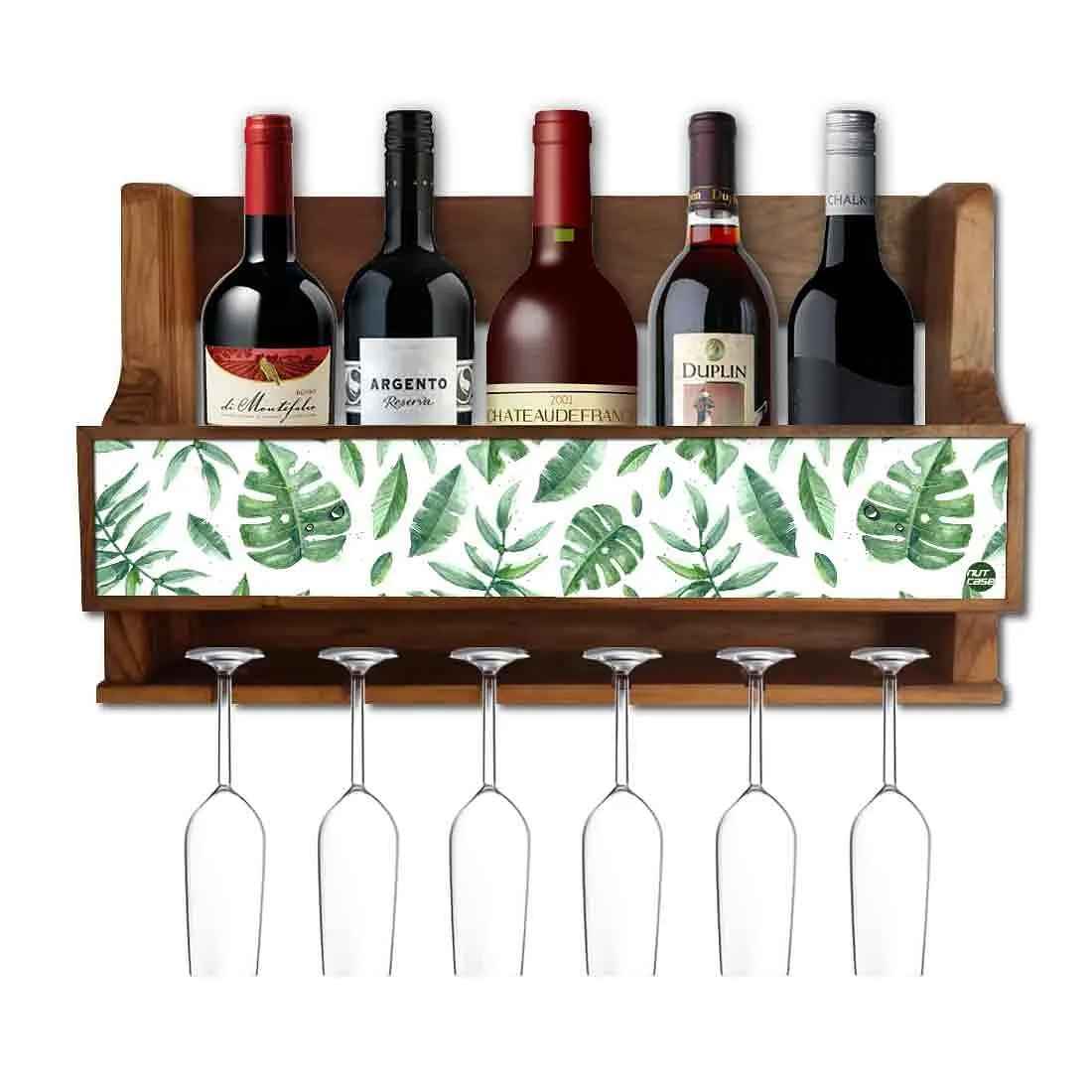 Designer Wine Rack and Glass Holder for Living Room 5 Bottles 6 Glasses -  Leaf