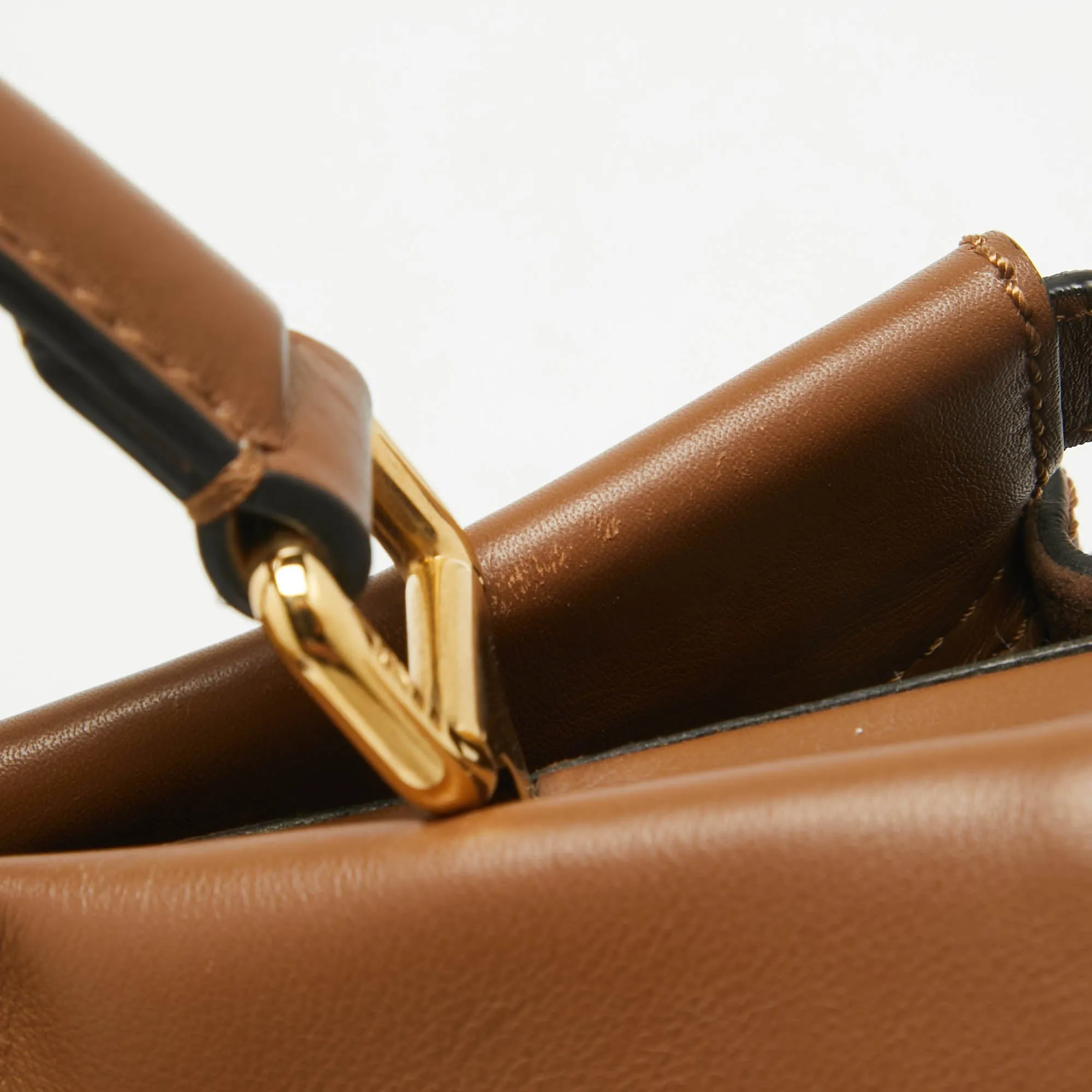 Fendi Brown Leather Large Whipstitch Peekaboo Top Handle Bag
