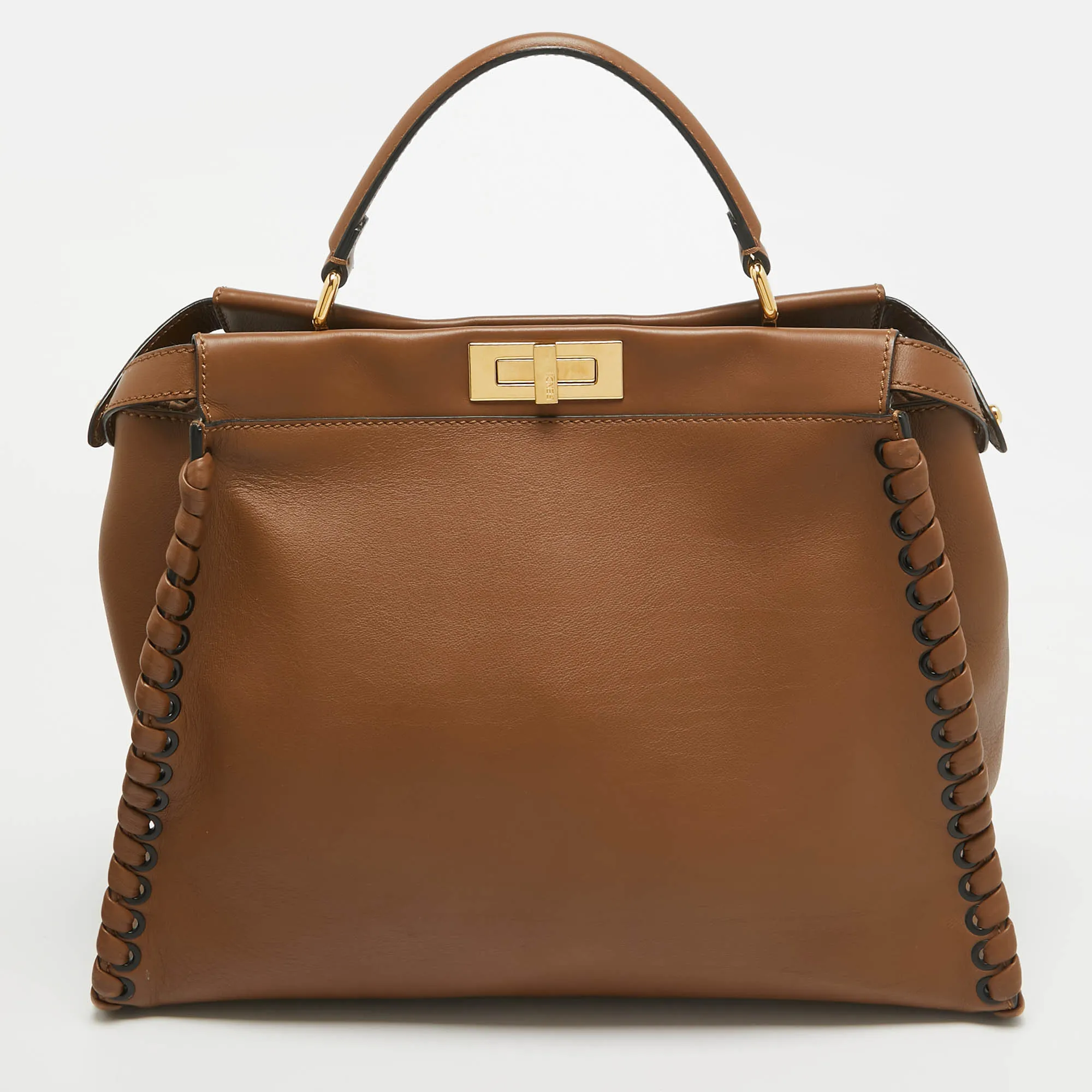 Fendi Brown Leather Large Whipstitch Peekaboo Top Handle Bag