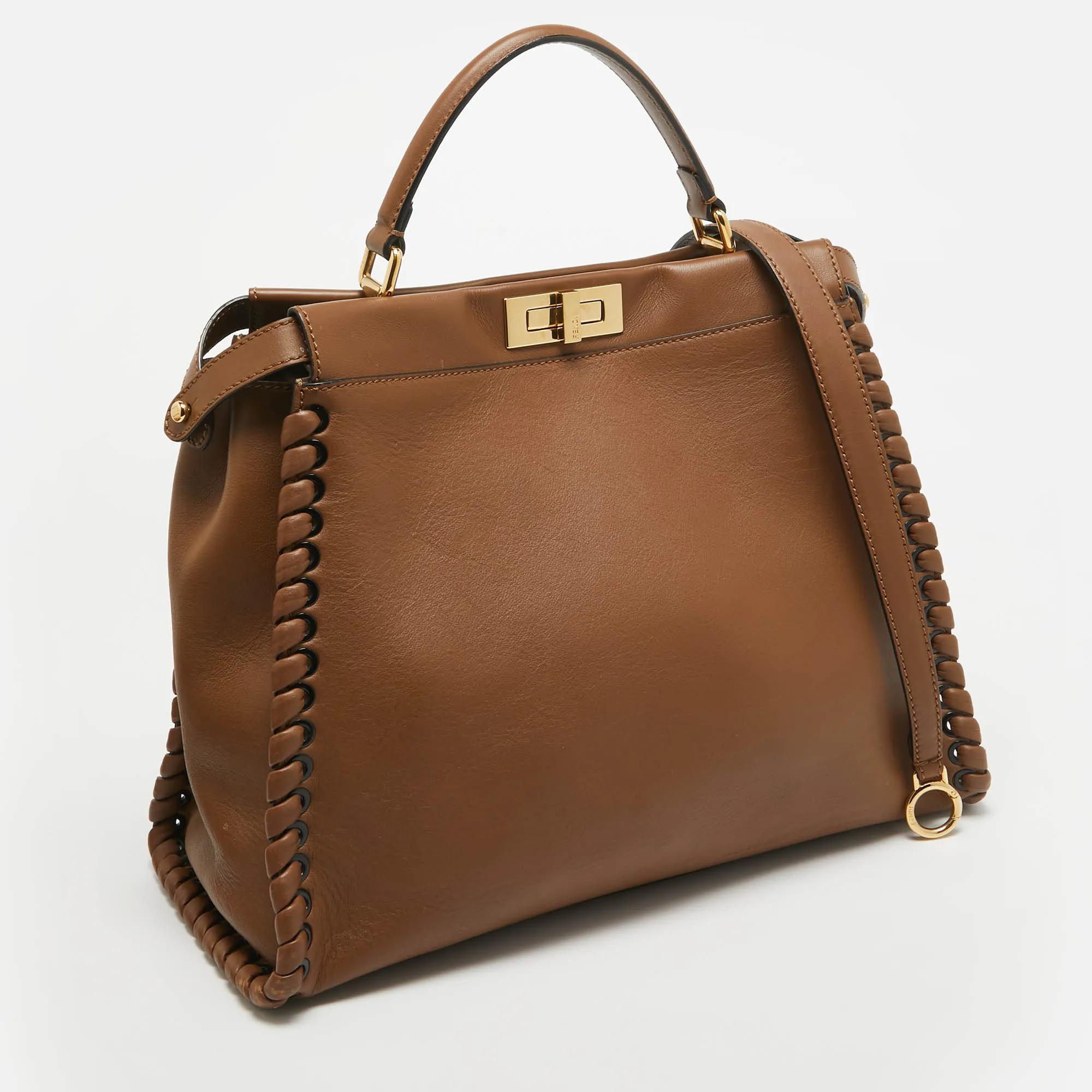 Fendi Brown Leather Large Whipstitch Peekaboo Top Handle Bag