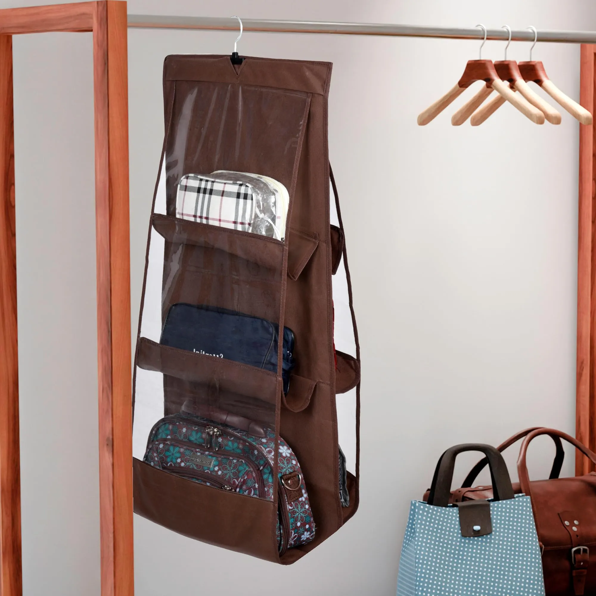 Kuber Industries Hanging Organizer | Handbag Organizer | Hanging Purse for Wardrobe | Transparent Clutch Organizer | Handbag Storage for Closet | 6 Pocket Storage Hanger | Brown