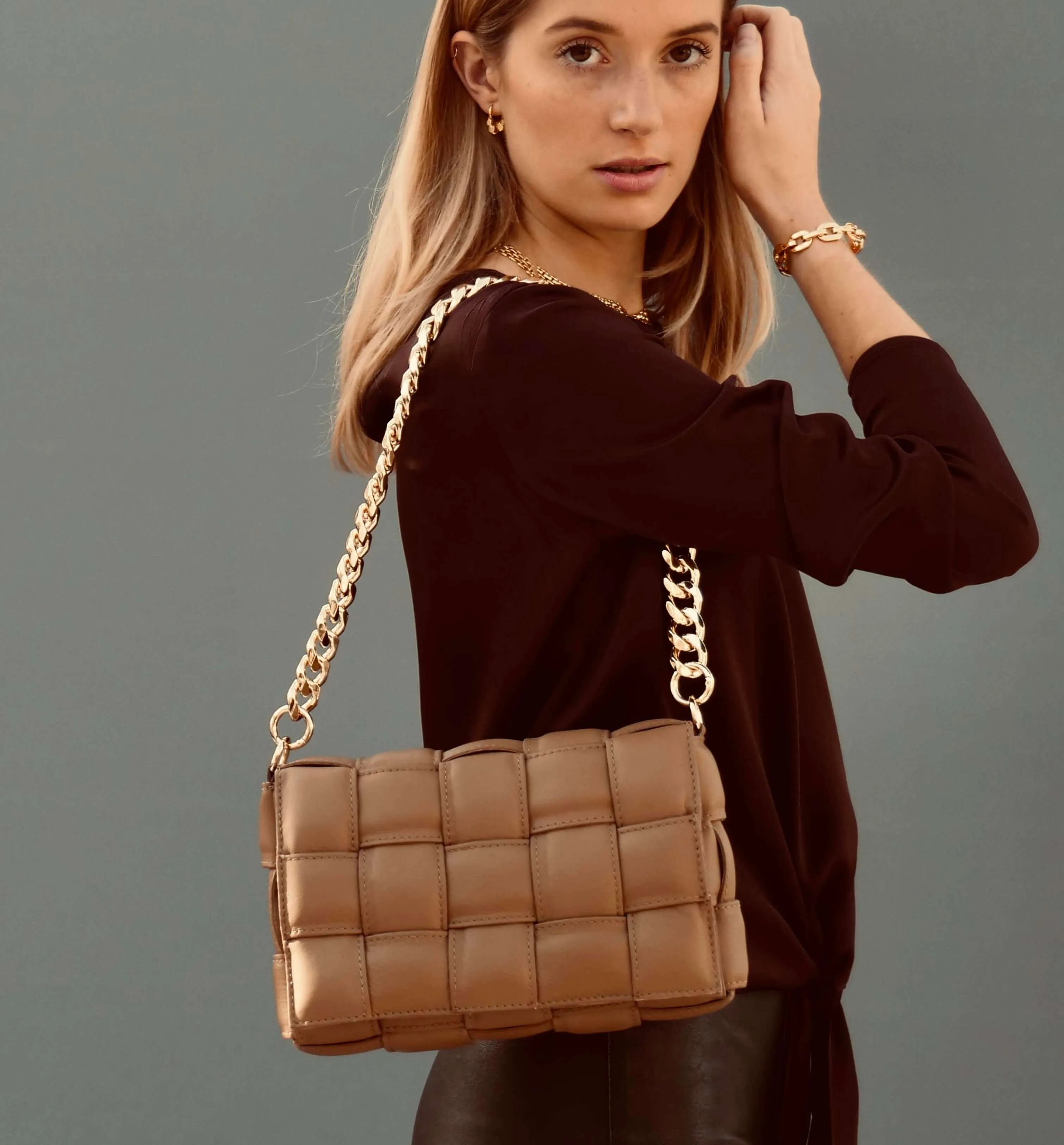 Latte Padded Woven Leather Crossbody Bag