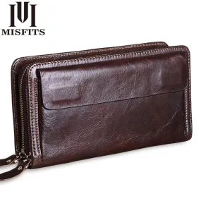 MISFITS Cowhide Men Clutch Wallets Genuine Leather Long Purses Business Large Capacity Wallet Double Zipper Phone Bag For Male