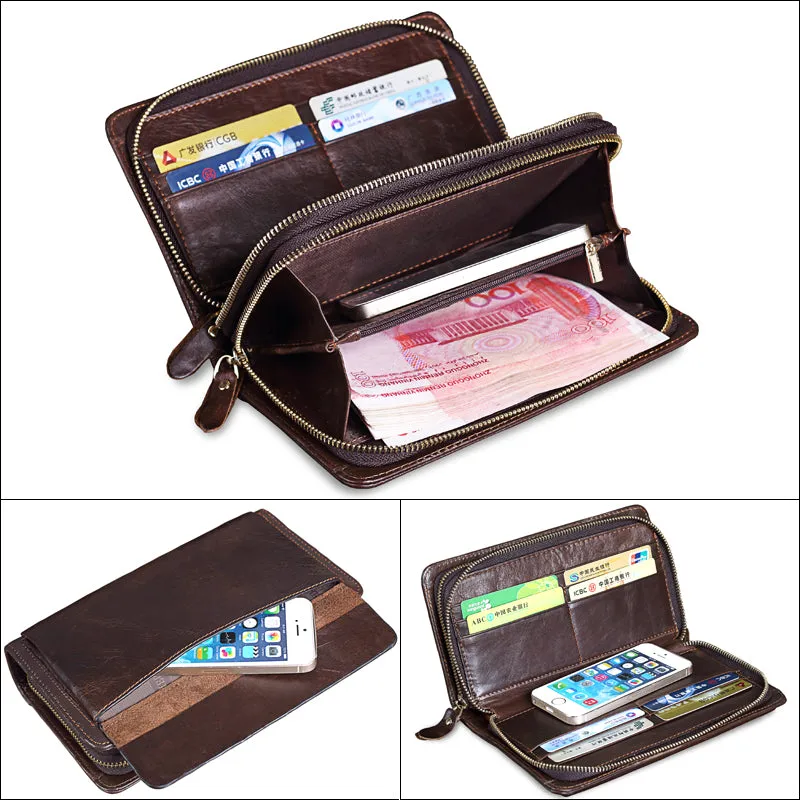 MISFITS Cowhide Men Clutch Wallets Genuine Leather Long Purses Business Large Capacity Wallet Double Zipper Phone Bag For Male