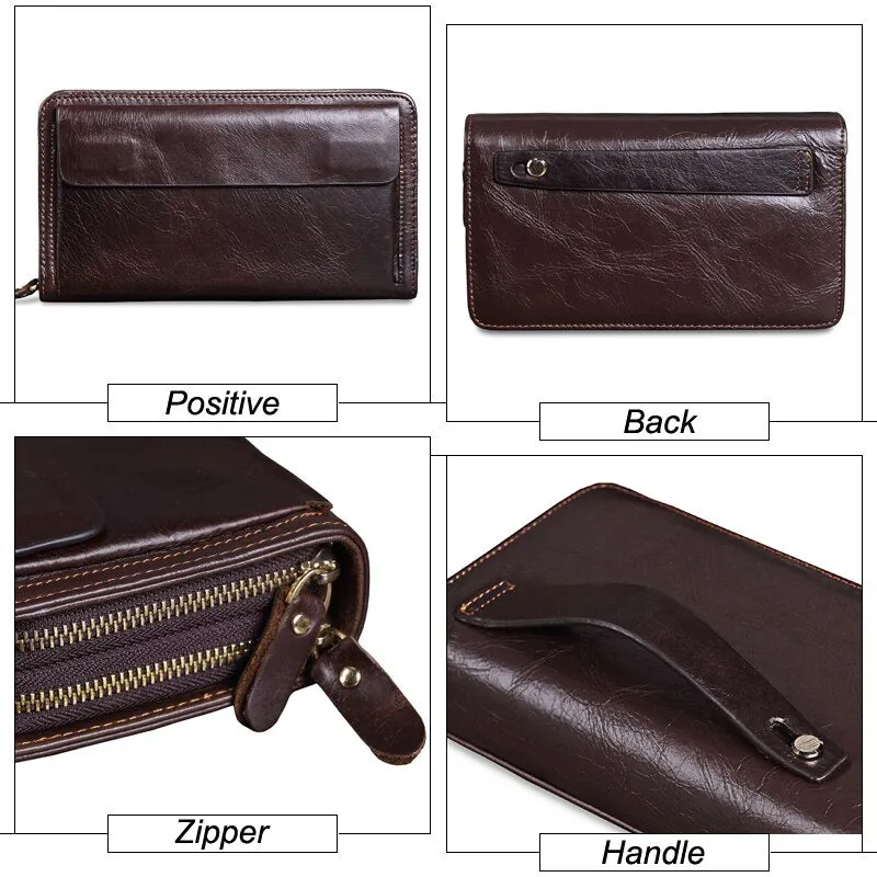 MISFITS Cowhide Men Clutch Wallets Genuine Leather Long Purses Business Large Capacity Wallet Double Zipper Phone Bag For Male