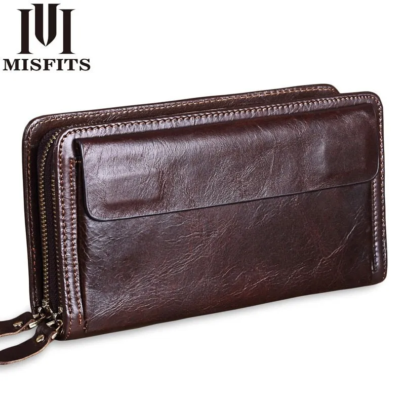 MISFITS Cowhide Men Clutch Wallets Genuine Leather Long Purses Business Large Capacity Wallet Double Zipper Phone Bag For Male