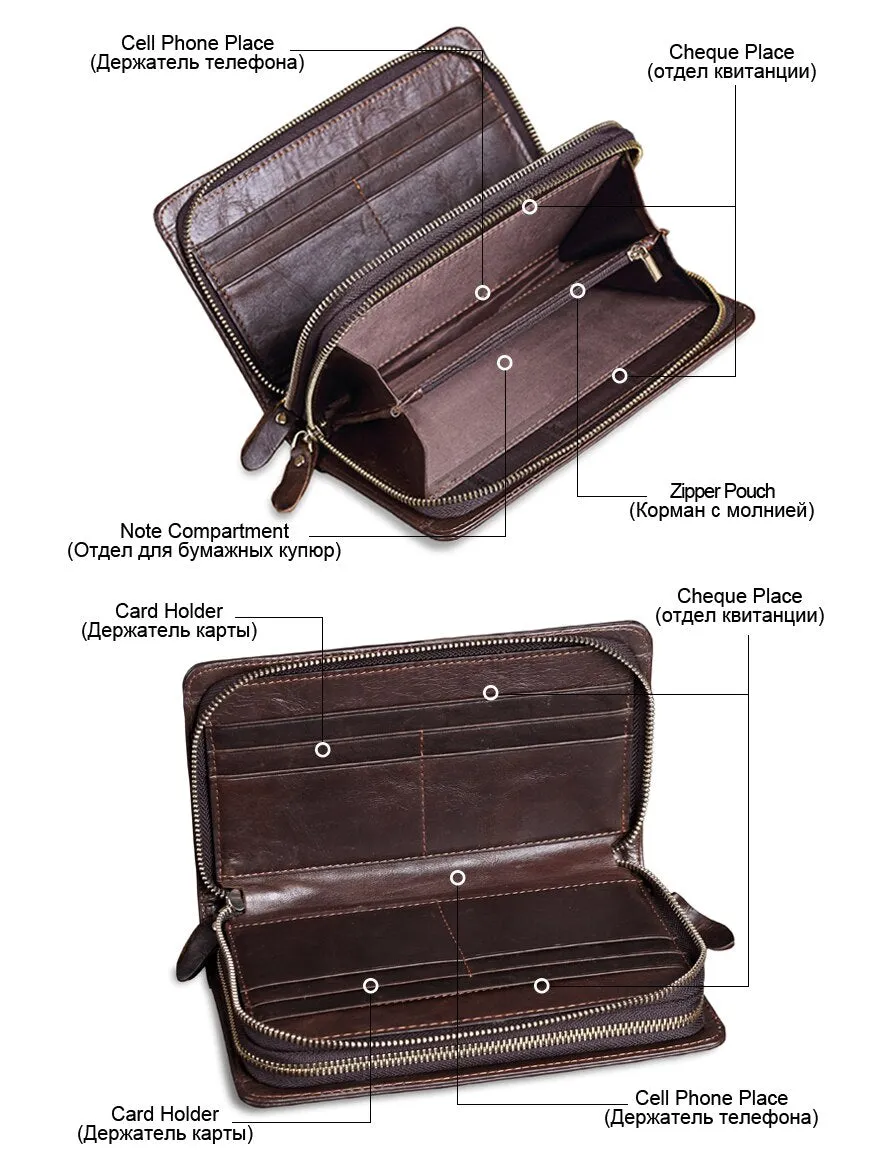 MISFITS Cowhide Men Clutch Wallets Genuine Leather Long Purses Business Large Capacity Wallet Double Zipper Phone Bag For Male