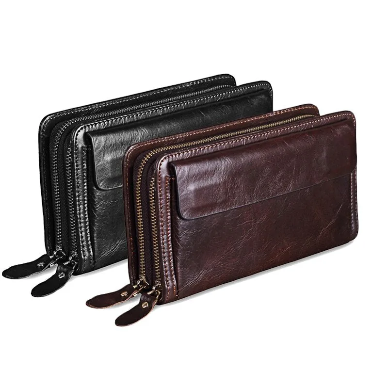 MISFITS Cowhide Men Clutch Wallets Genuine Leather Long Purses Business Large Capacity Wallet Double Zipper Phone Bag For Male