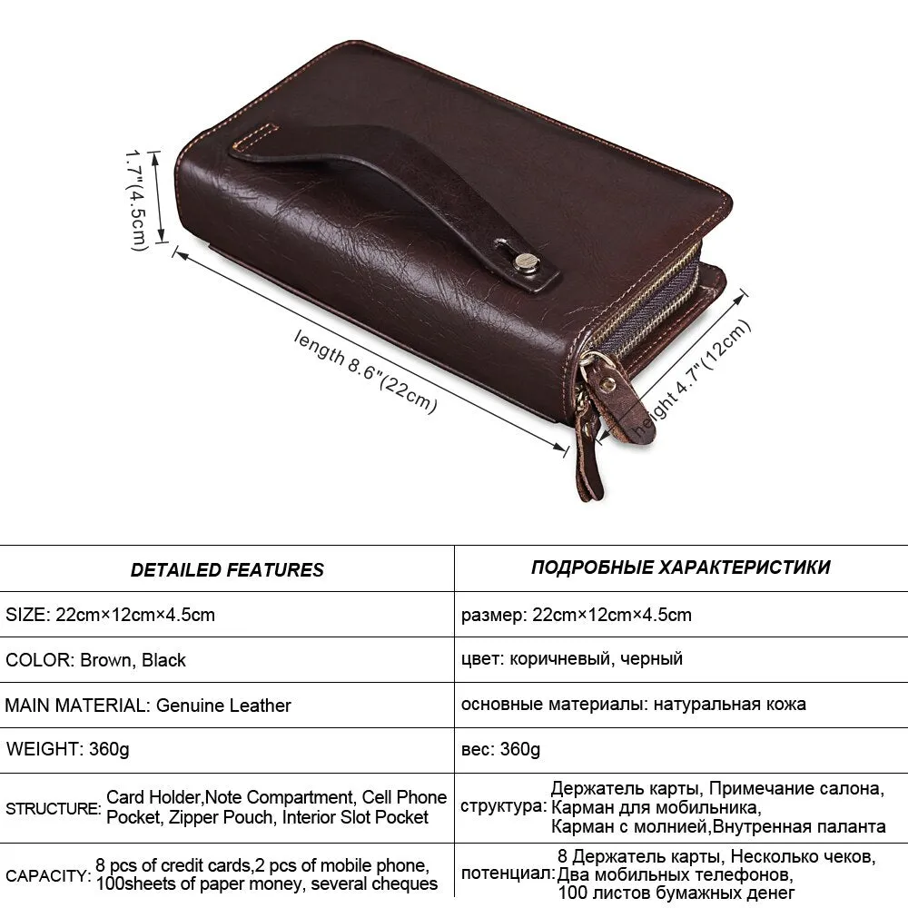MISFITS Cowhide Men Clutch Wallets Genuine Leather Long Purses Business Large Capacity Wallet Double Zipper Phone Bag For Male