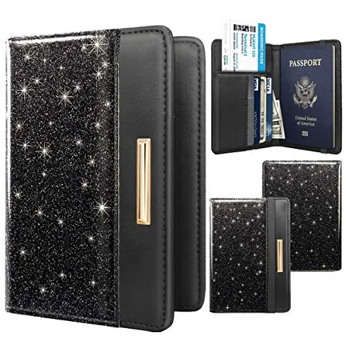 Passport Holder Cover,Traveling Passport Case Glitter Cute Passport Wallet for Women,Black Glitter