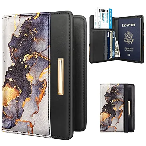 Passport Holder,RFID Blocking Passport Cover Cute Floral Traveling Passport Wallet for Women Gold Grey