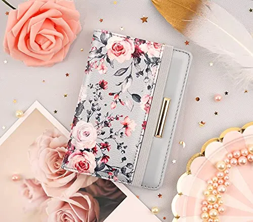 Passport Holder,RFID Blocking Passport Cover Cute Floral Traveling Passport Wallet for Women Grey Flowers