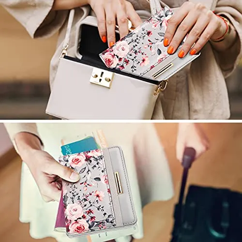 Passport Holder,RFID Blocking Passport Cover Cute Floral Traveling Passport Wallet for Women Grey Flowers