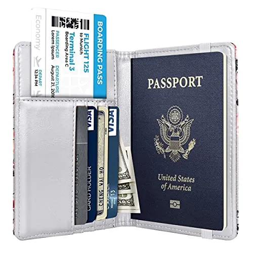 Passport Holder,RFID Blocking Passport Cover Cute Floral Traveling Passport Wallet for Women Grey Flowers