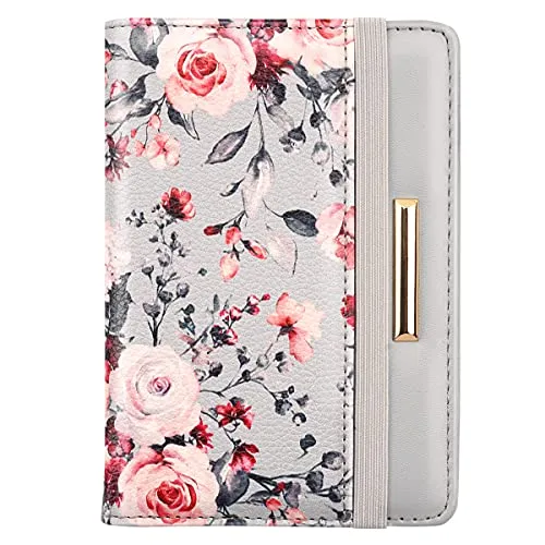 Passport Holder,RFID Blocking Passport Cover Cute Floral Traveling Passport Wallet for Women Grey Flowers