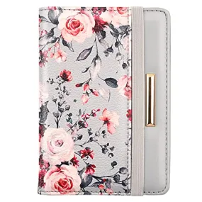 Passport Holder,RFID Blocking Passport Cover Cute Floral Traveling Passport Wallet for Women Grey Flowers