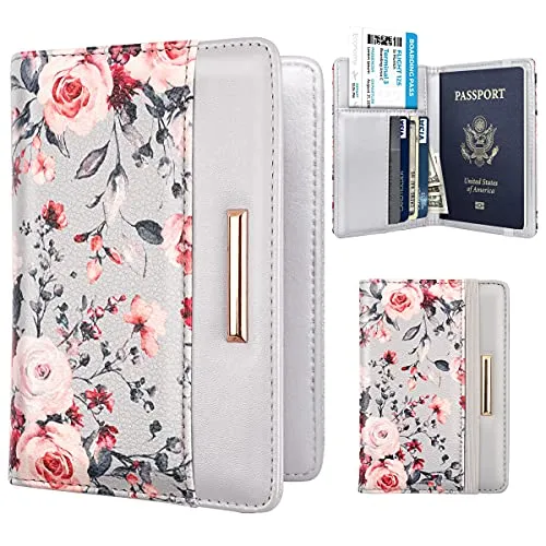 Passport Holder,RFID Blocking Passport Cover Cute Floral Traveling Passport Wallet for Women Grey Flowers