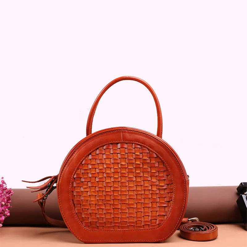 Womens Boho Round Leather Purse Cross Shoulder Bag Side Bag for Womens
