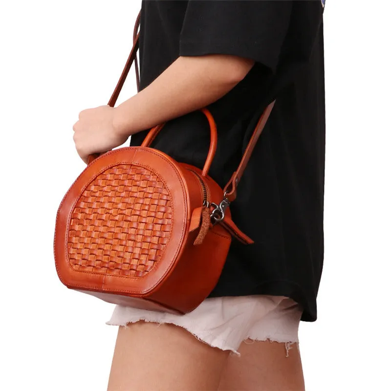 Womens Boho Round Leather Purse Cross Shoulder Bag Side Bag for Womens
