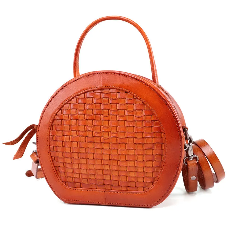 Womens Boho Round Leather Purse Cross Shoulder Bag Side Bag for Womens