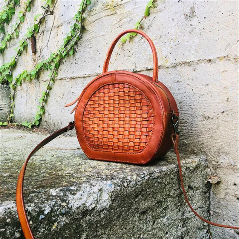 Womens Boho Round Leather Purse Cross Shoulder Bag Side Bag for Womens